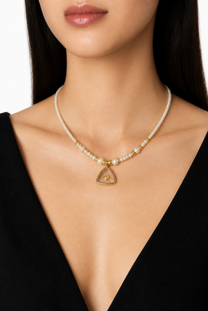 Mini İnci & Üçgen Quartz Göz Kolye